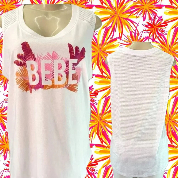 Bebe + 1X White Logo Name Graphic Scoop Neck Mesh Back Step-Hem Muscle Tank Tee - Picture 1 of 5